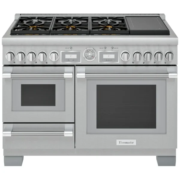 Thermador PRD48WISGC Dual Fuel Range, 48 inch Exterior Width, Self Clean, Convection, 6 Burners, 8.2 cu. ft. Capacity, Storage Drawer, 2 Ovens, Stainless Steel colour Liberty Induction Module, Telescopic Gliding Extension Rack, Steam Oven, True European Convection,Soft Close Door, Temperature Probe