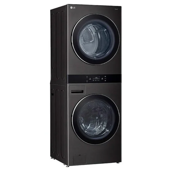 LG WKEX300HBA 27 inch Width Washer & Dryer Set, AI DD 2.0, WashTower, TurboWash 360, Black Stainless Steel colour Washer: 12 Wash Cycles, 5 Temperature Settings, 1300 RPM Spin Speed, Steam Clean, Wifi Enabled Dryer: Electric