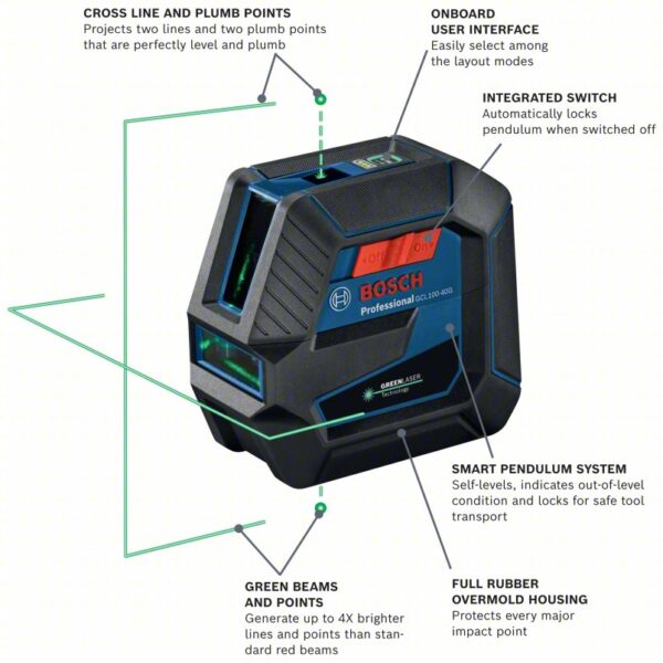 BOSCH Line and Dot Laser: 2 Lines and 1 Dots, Green Beam, 0 Planes, 100 - 200 ft Range w/o detector - Image 3