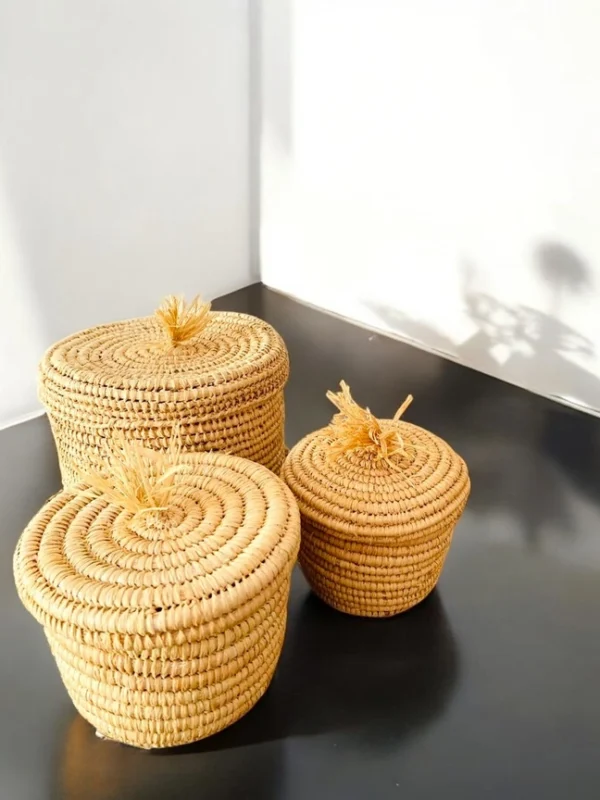 Handmade Moroccan Raffia Storage Basket Set with Lids - Image 3