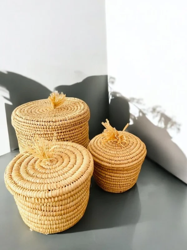 Handmade Moroccan Raffia Storage Basket Set with Lids - Image 2